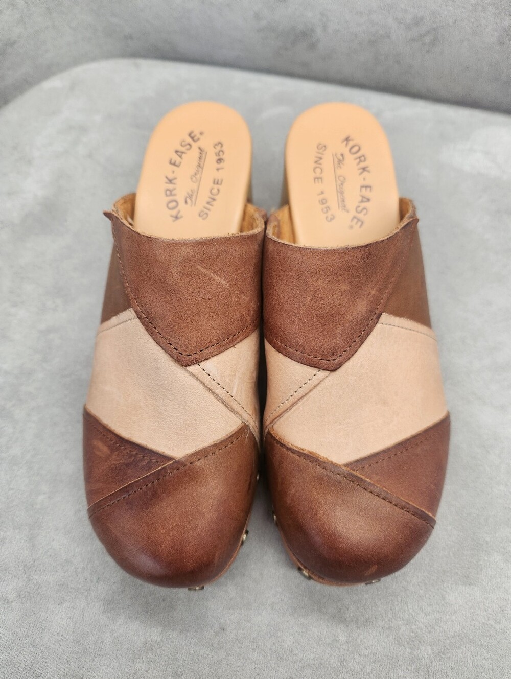 Kork-Ease Clogs 7 Brown Tan Leather Tay Patchwork Mules Scandinavian New $160 - Picture 4 of 16